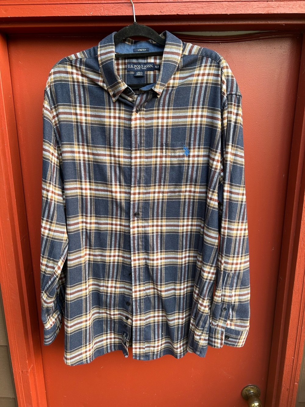 U.S.POLO ASSN. LONG SLEEVE BUTTON DOWN FLANNEL NAVY PLAID STRETCH SHIRT XLT